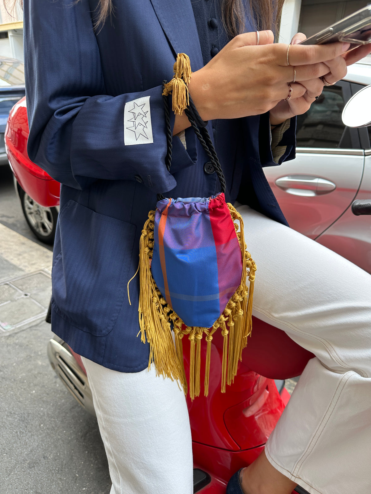 Funky Bag - Satin silk tartan + Yellow tassels