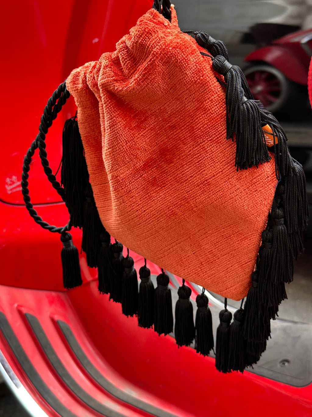 Funky Bag - Orange Velvet + Black tassels