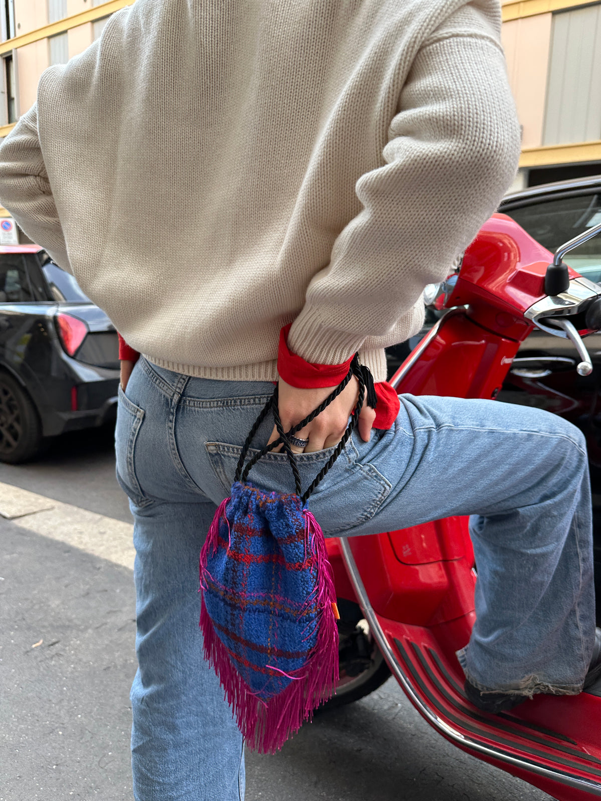 Funky Bag - Bluet Tweed + Pink fringes