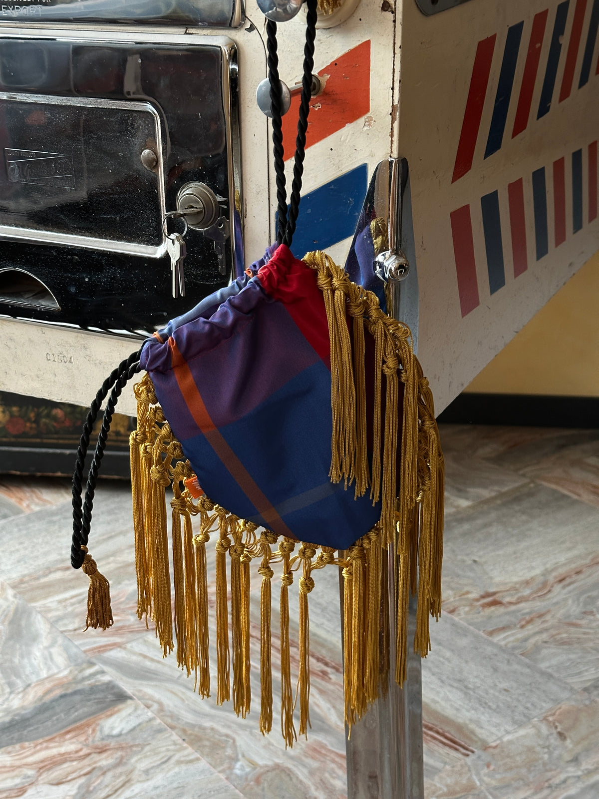Funky Bag - Satin silk tartan + Yellow tassels