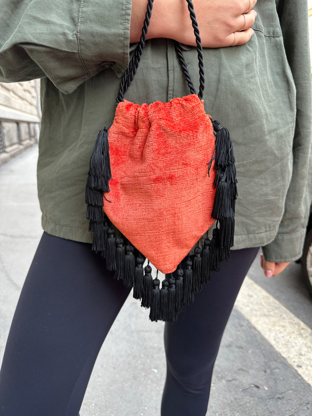 Funky Bag - Orange Velvet + Black tassels