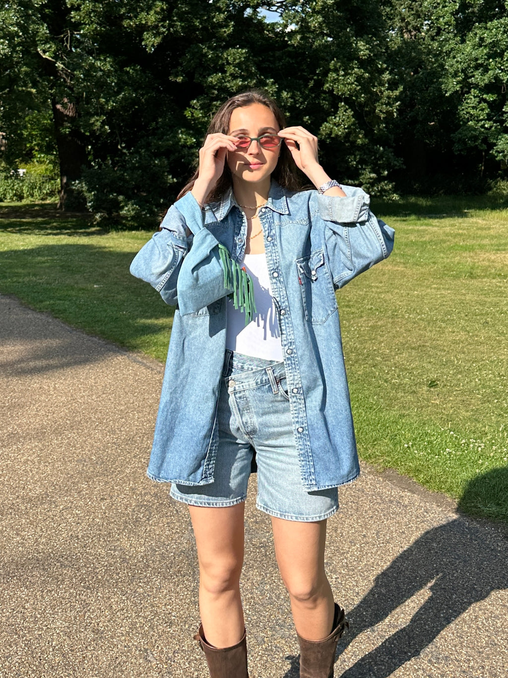 Light wash denim Western Green Fringe