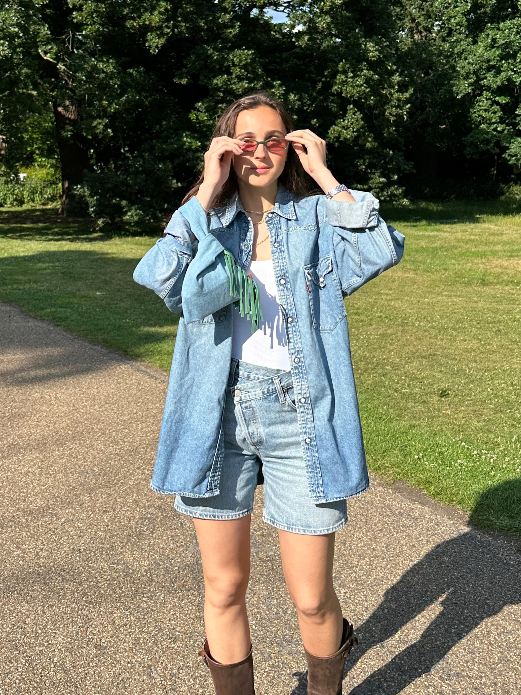 Light wash denim Western Green Fringe