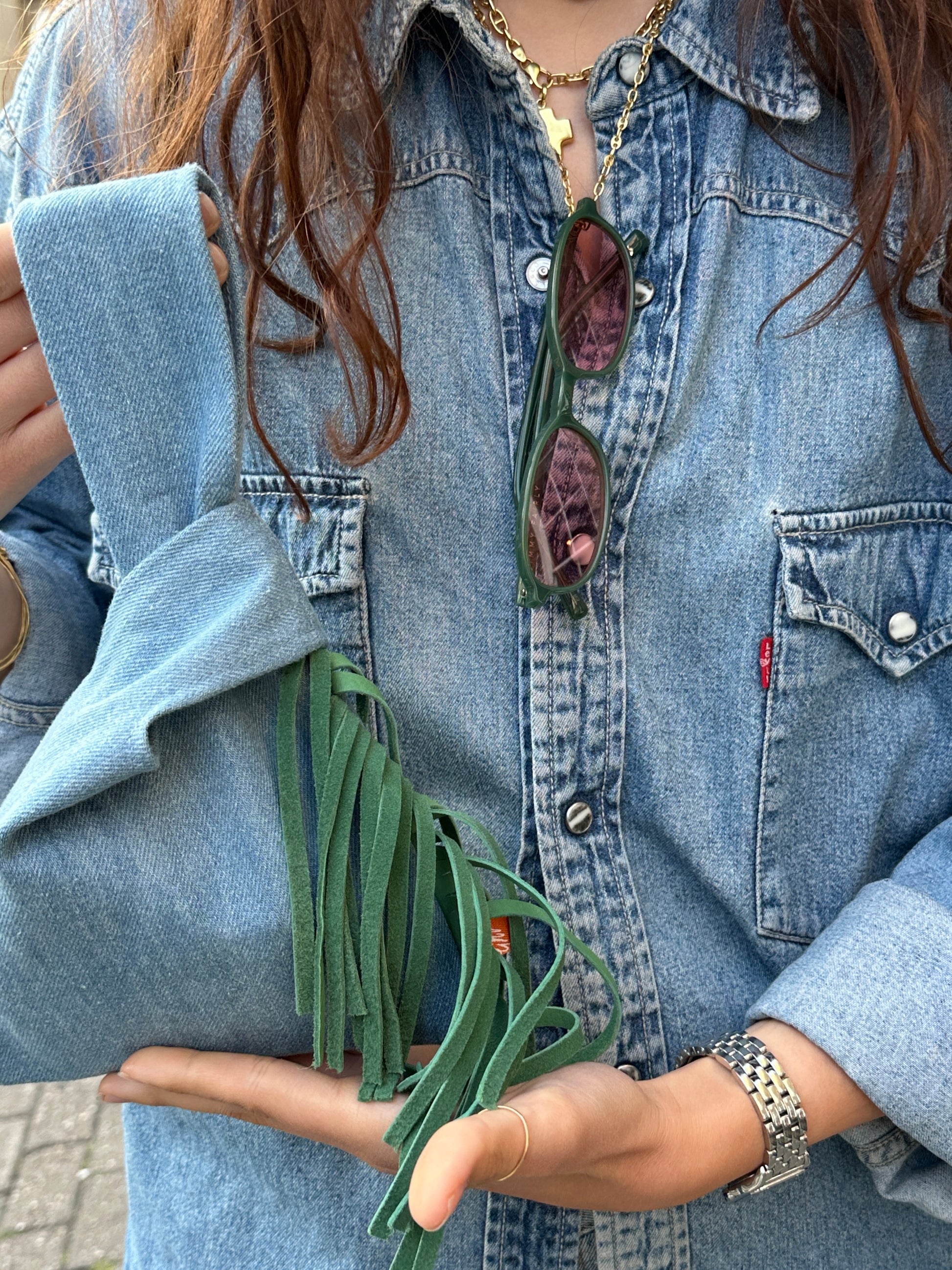 Light wash denim Western Green Fringe