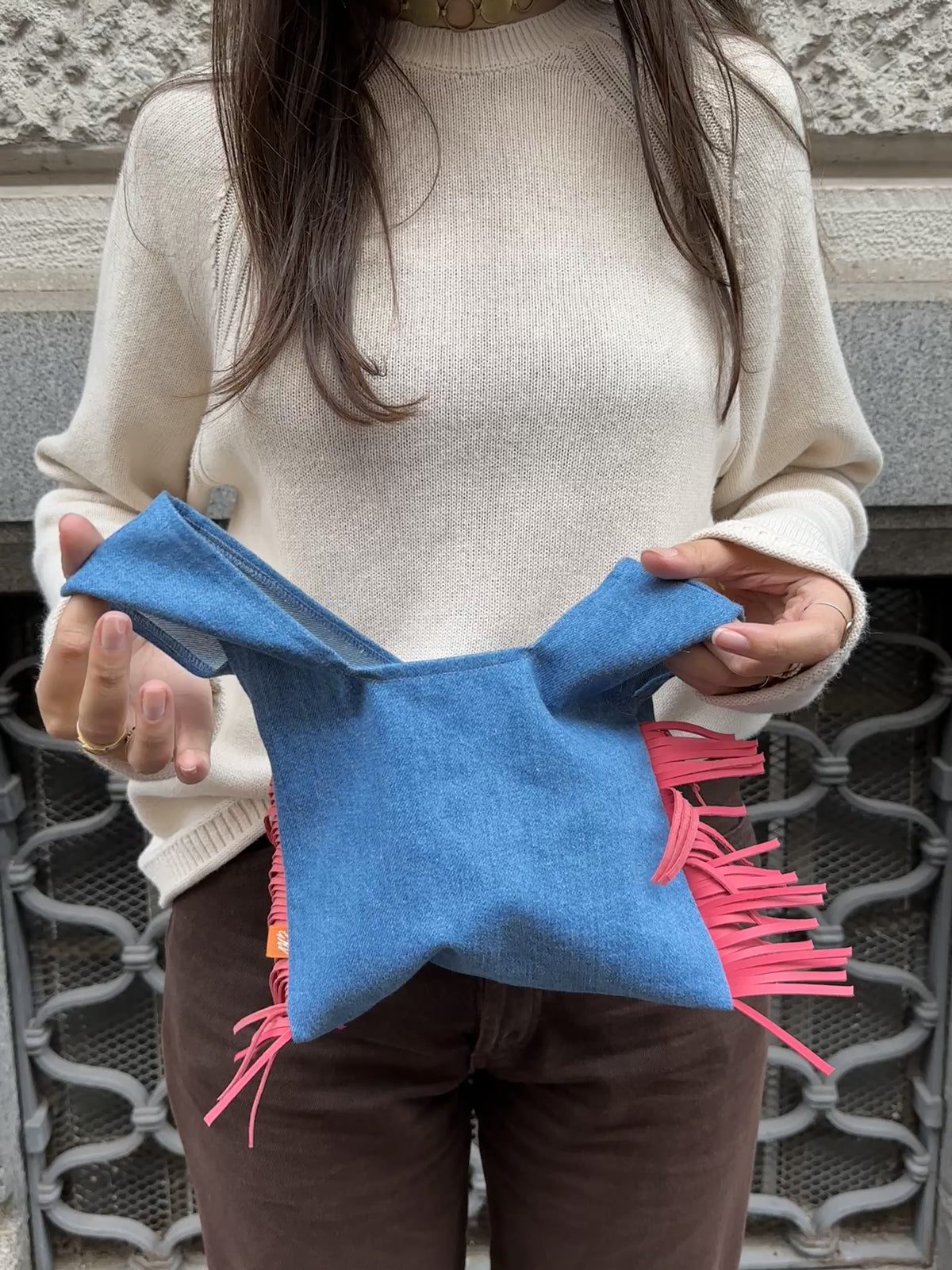 Nodo Bag - Western pink fringe / Light denim